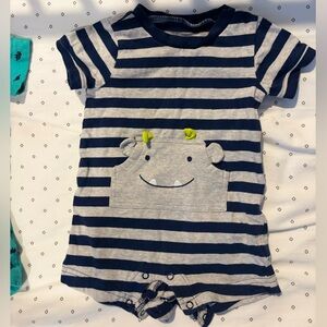 Carter's Navy and Gray Striped Romper with Hippo Pocket